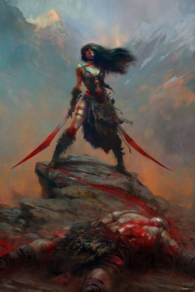 Maciej Kuciara's outstanding image of a female warrior on a mountaintop holding two blood covered swords.