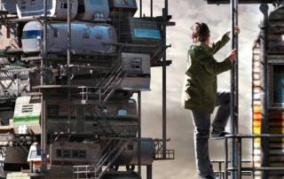 Parzival climbs a ladder at the stacked trailer park in a scene from Ready Player One