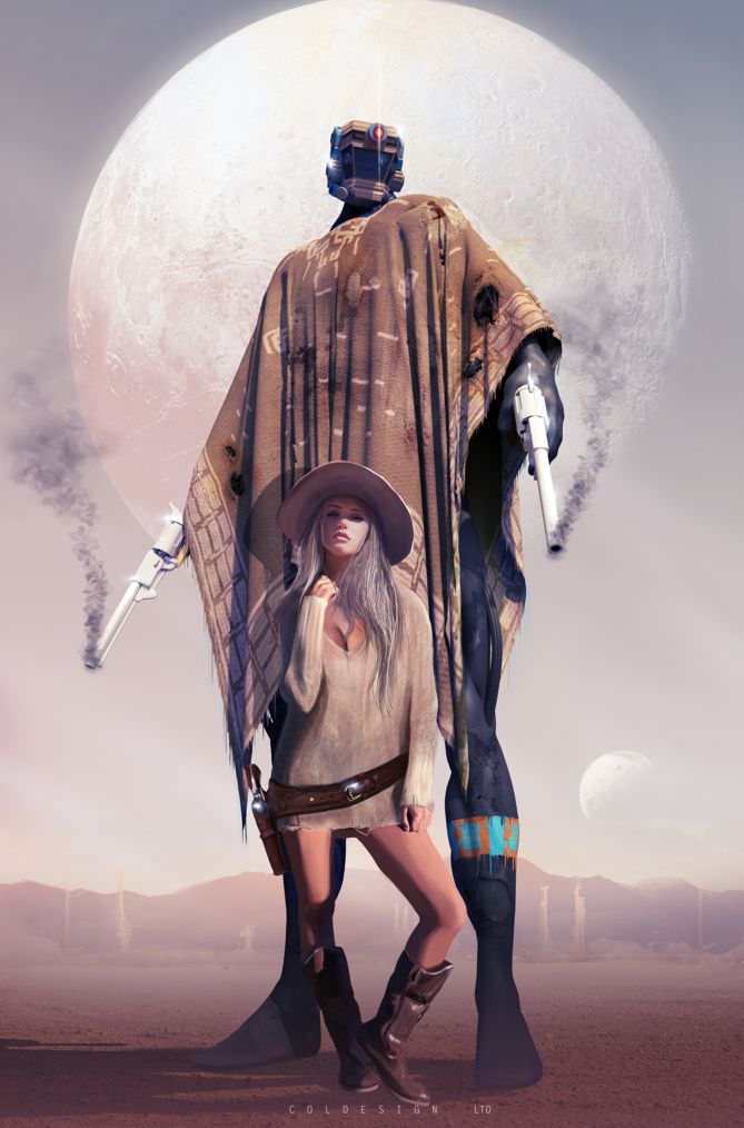 Western themed SciFi image of a tall robot wearing a poncho with a sexy girl with a six shooter at her side.